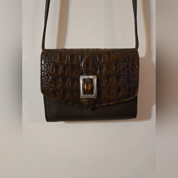 Brighton Crossbody Wallet In Black Leather With Brown Crocodile Embossed Design - Picture 3 of 17